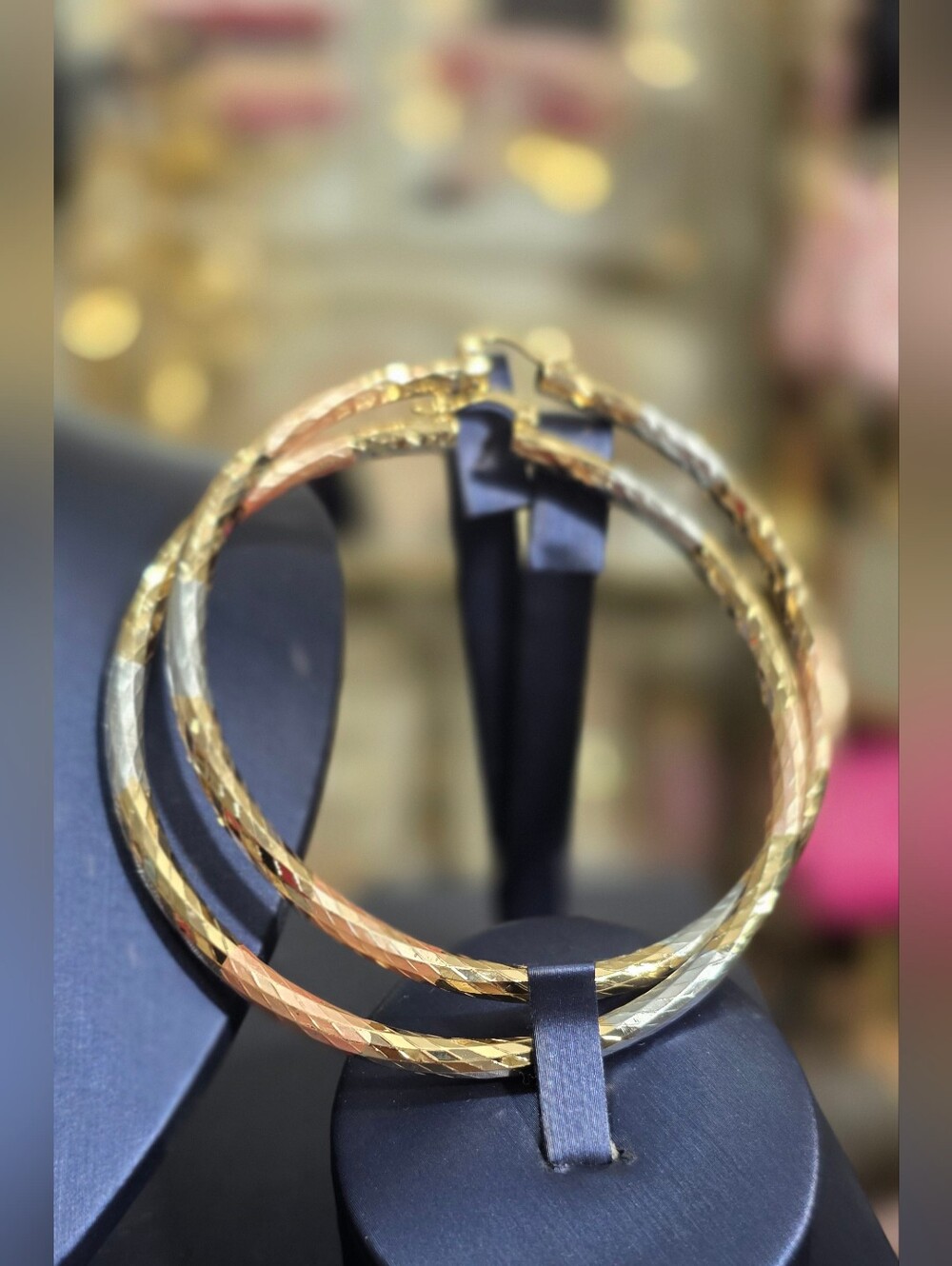 Tri-Tone Textured Hoop Earrings - Gold, Rose Gold & Silver Plated